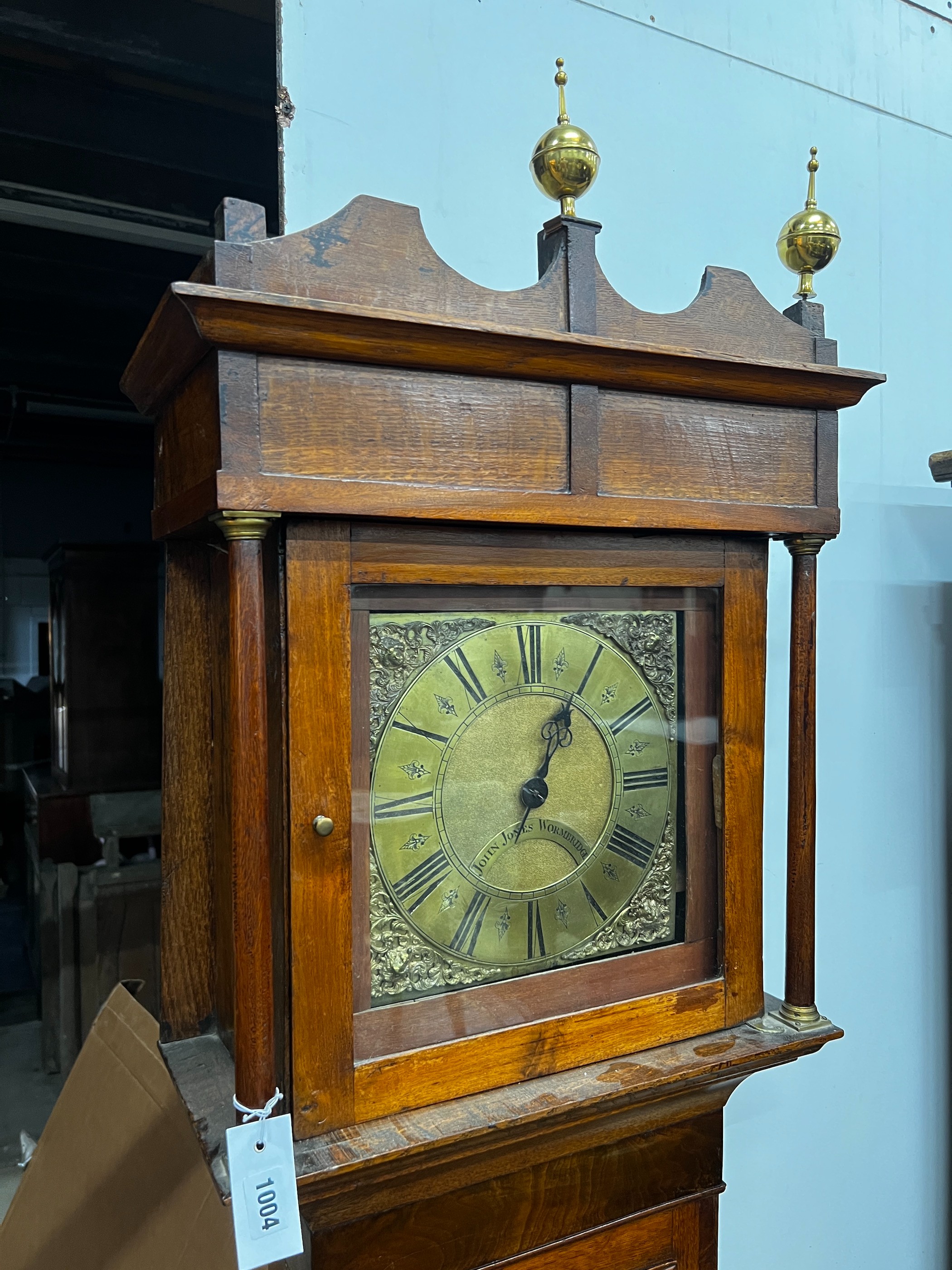 An early 19th century oak 30 hour longcase clock, the 10in. brass dial marked John Jones, Wormbridge, height 215cm